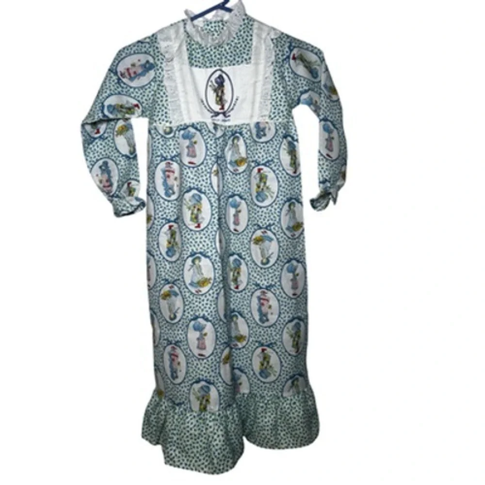 Vintage Holly Hobbie Nightgown Girls Size 6 Blue Floral Long Sleeve Ruffle 70s‎